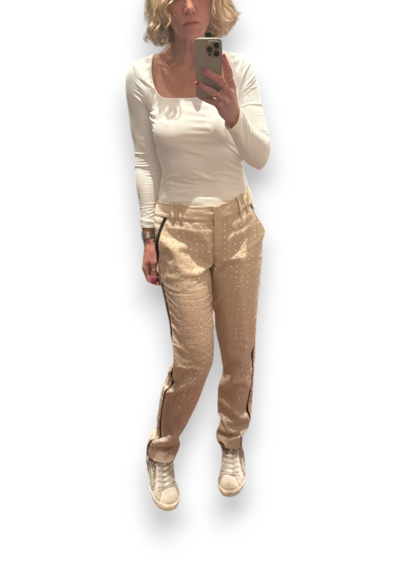 Sass & Bide Frame Mind Pants | Beige Linen, Allover Silver Studs, Sz 40; AU 10