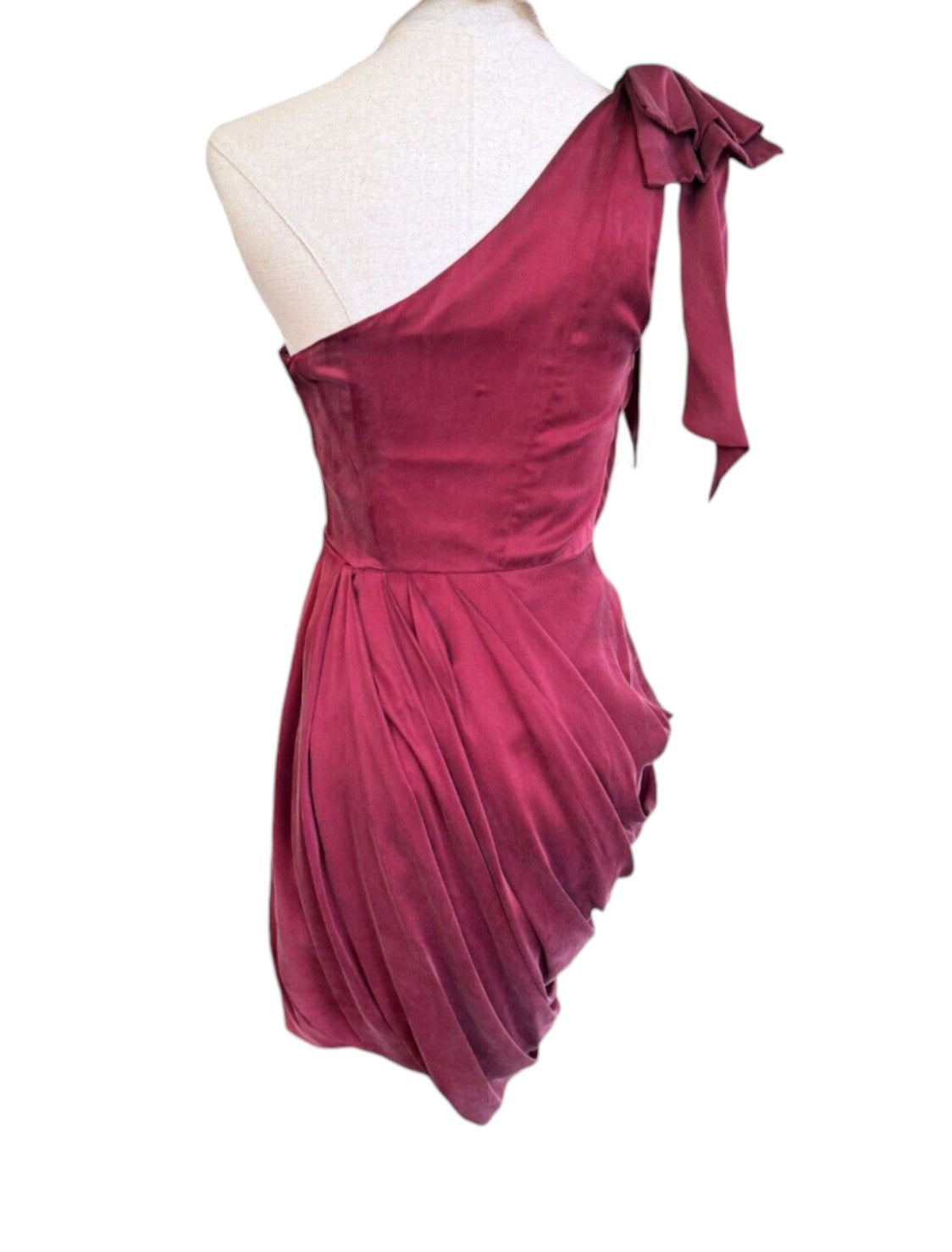 Zimmermann Bow Bodice Dress | Burgundy Mini Cocktail Draped | One Shoulder