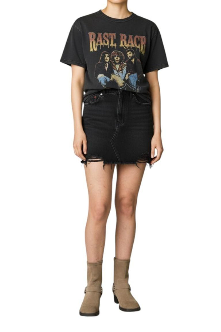 AI generated image of Person wearing a black t-shirt with graphic design and a black denim skirt on a white background