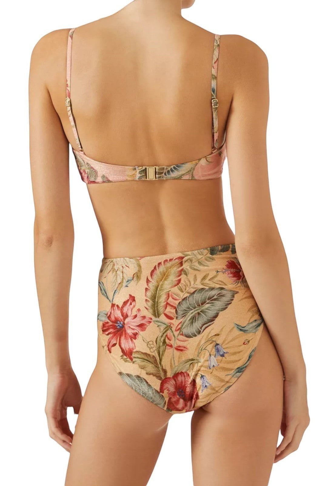 Naked Pear Zimmermann Coco high-waist bikini bottoms in tan multi floral print Italian lycra with full coverage