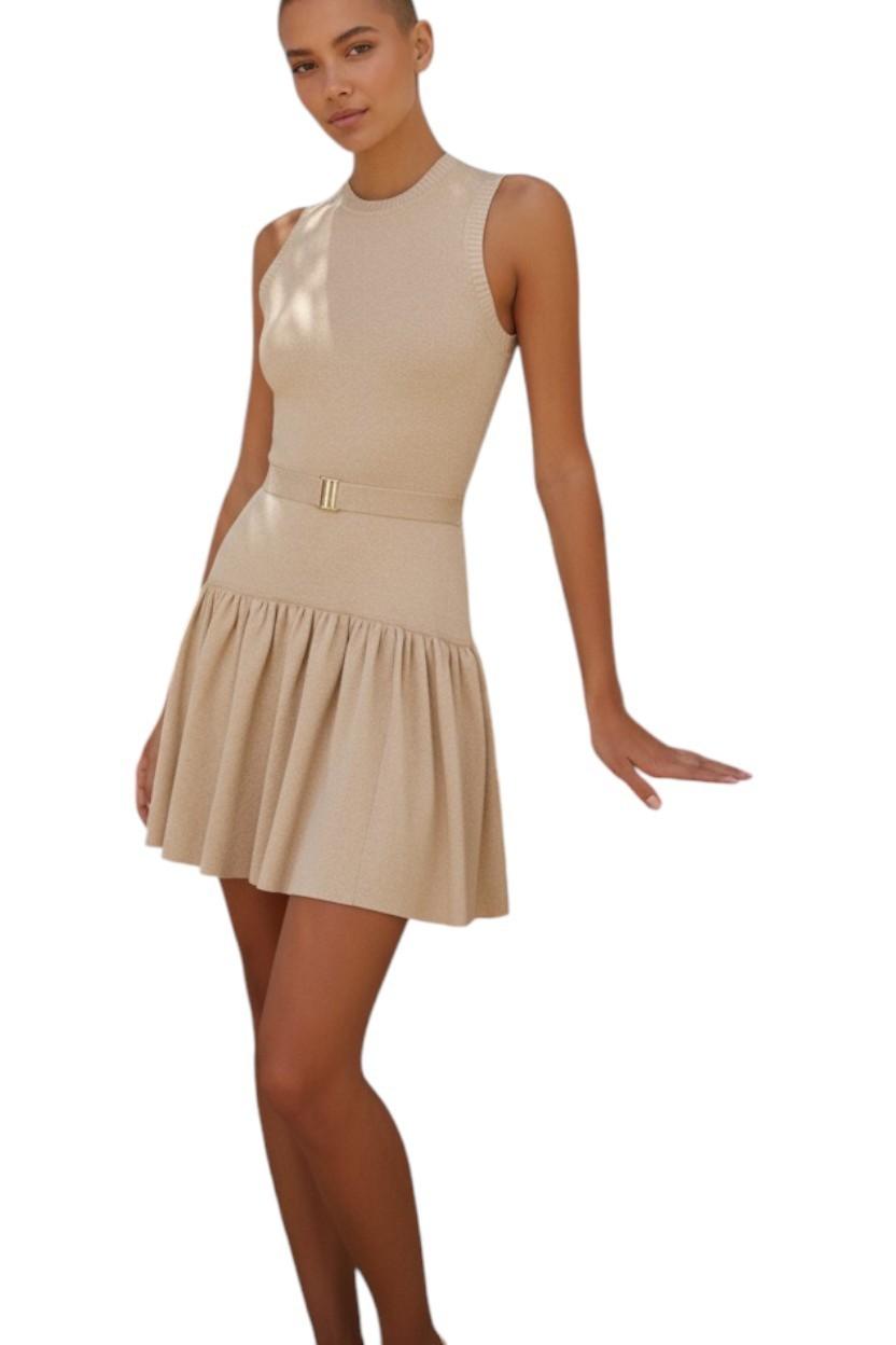 AI generated image of Beige dress worn by a model on a white background