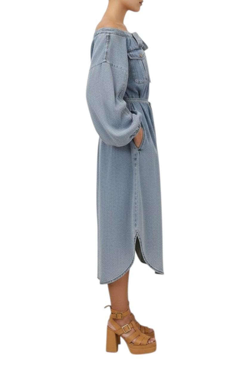 AI generated image of Denim dress worn by a person on a white background