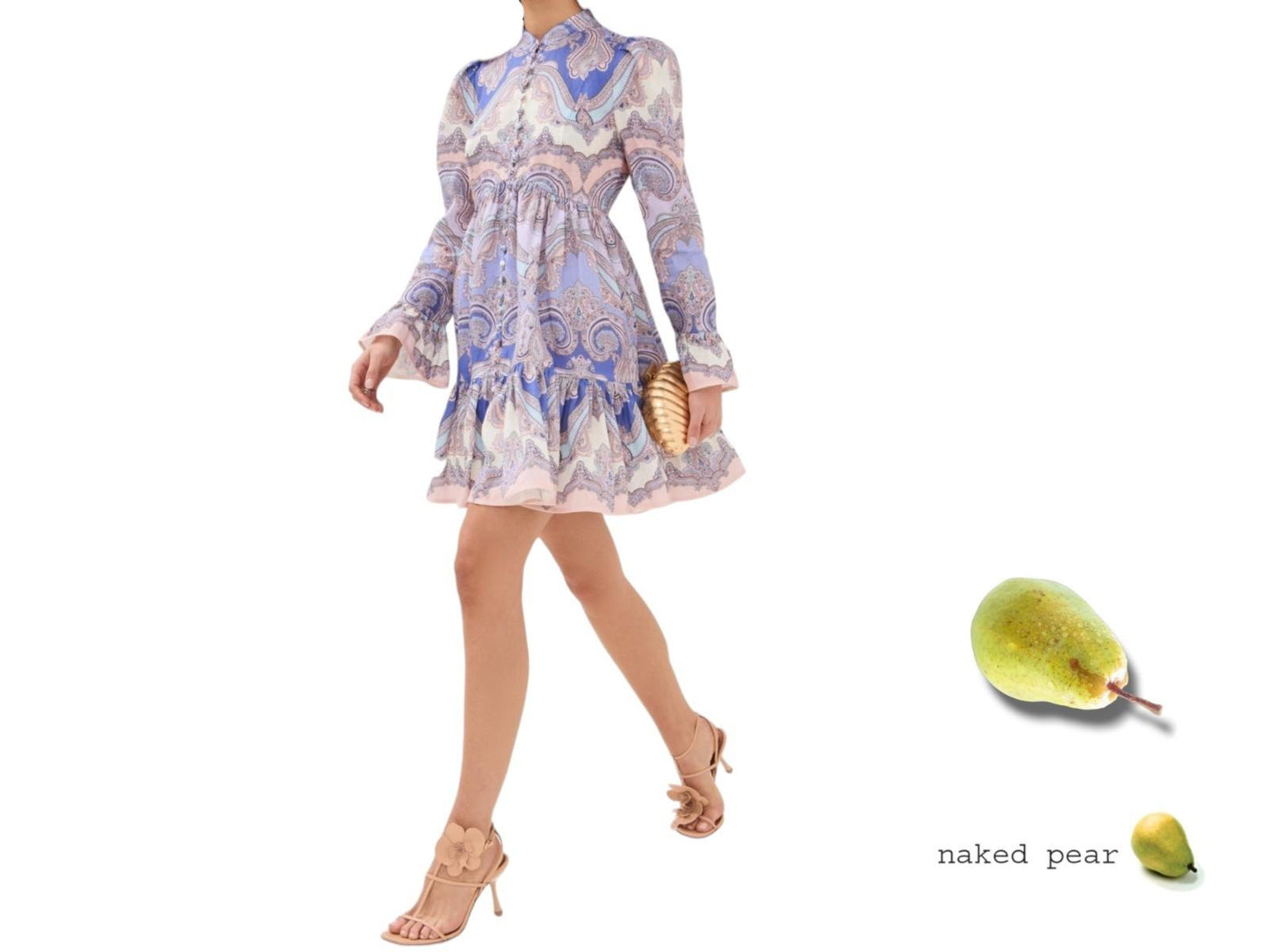 Woman wearing a patterned dress with a pear graphic and 'naked pear' text on a white background