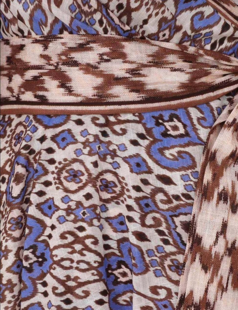 Close-up of a patterned fabric with blue, brown, and beige colors.