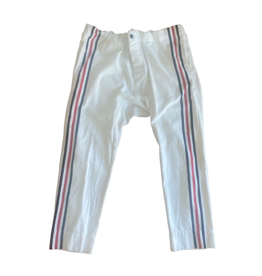 Bassike White Jeans | Racer Stripe, Sz 2, Drop Crotch, Drawstring, Italian Mater