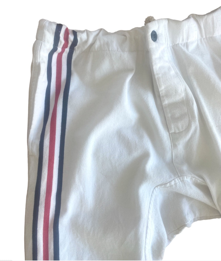 Bassike White Jeans | Racer Stripe, Sz 2, Drop Crotch, Drawstring, Italian Mater