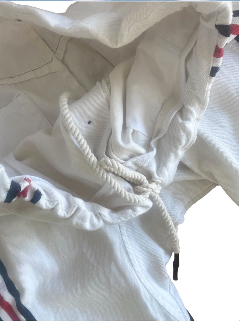 Bassike White Jeans | Racer Stripe, Sz 2, Drop Crotch, Drawstring, Italian Mater