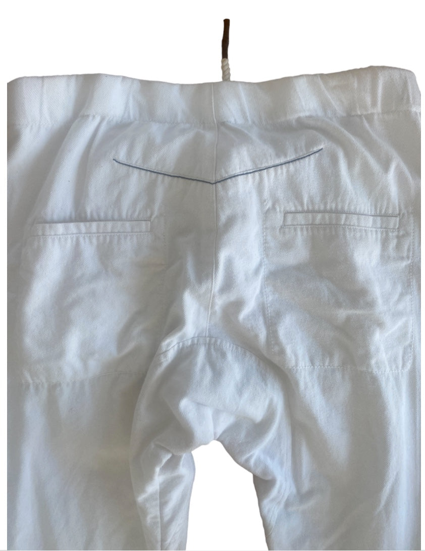 Bassike White Jeans | Racer Stripe, Sz 2, Drop Crotch, Drawstring, Italian Mater