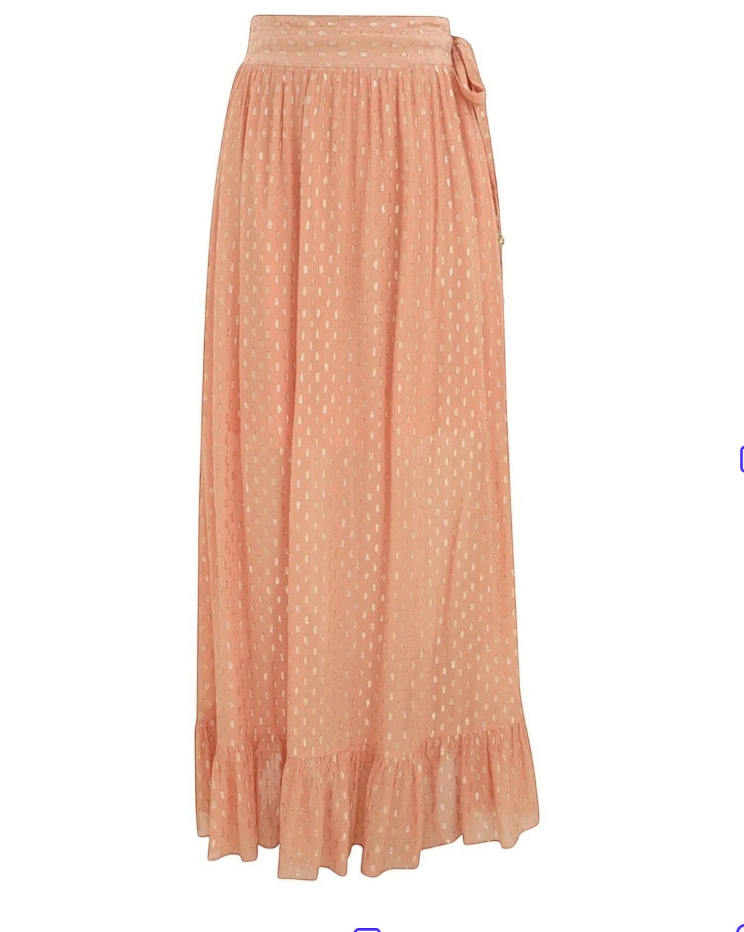 Naked Pear Zimmermann Rhiannon peach metallic lurex midi skirt with frill hem and elasticated waist