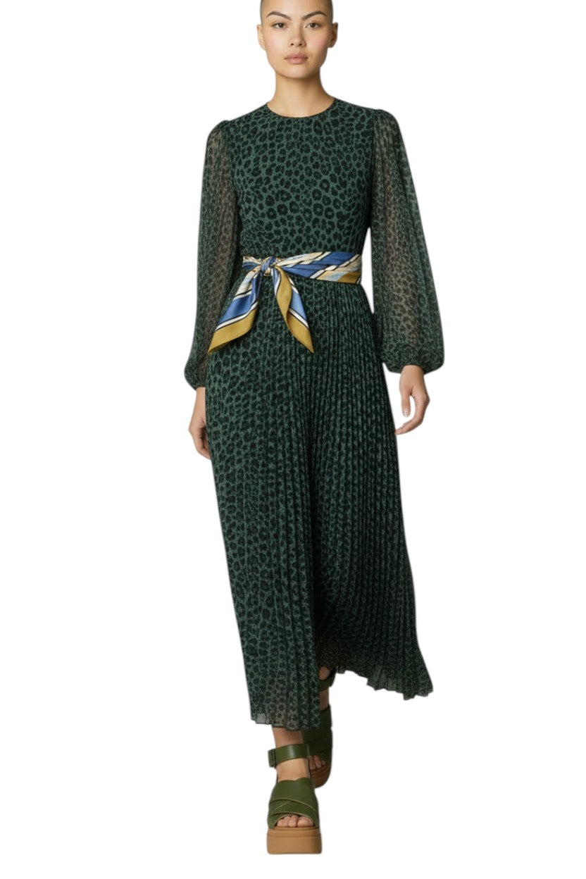 Zimmermann Sunray Long Sleeve Midi Dress | Green Animal Print, Silk Scarf Belt