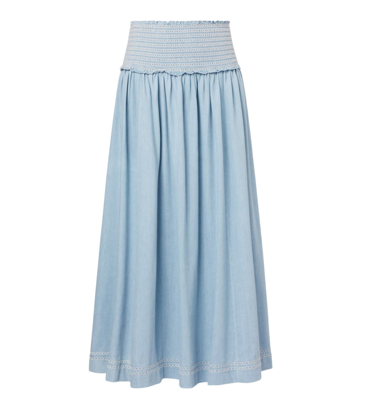 Naked Pear Zimmermann Ascension light blue cotton denim midi skirt with a shirred high waist and embroidered hem.