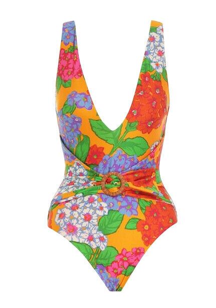 Zimmermann Riders Buckle Plunge One Piece Swimsuit | Low Neck, Dusty Blue