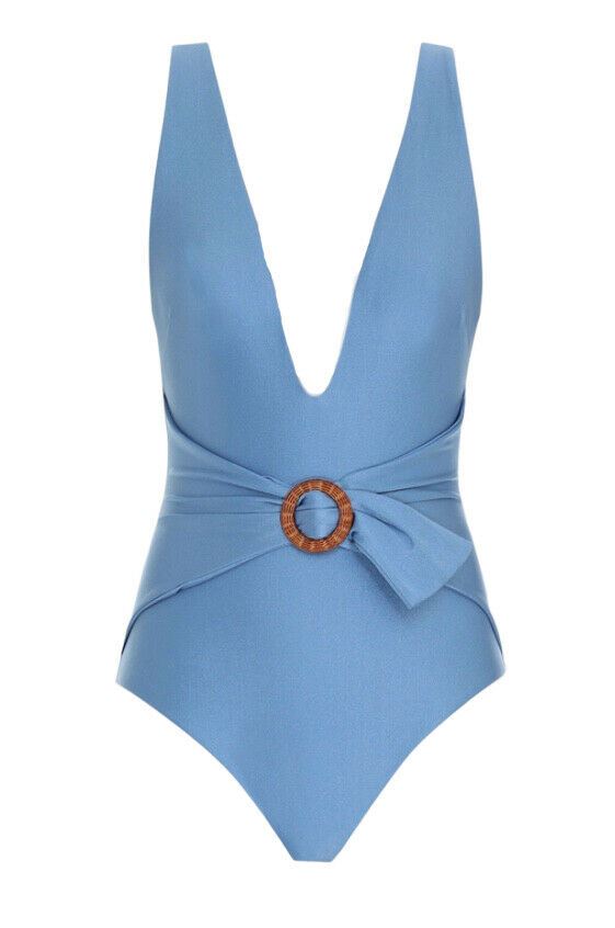 Zimmermann Riders Buckle Plunge One Piece Swimsuit | Low Neck, Dusty Blue