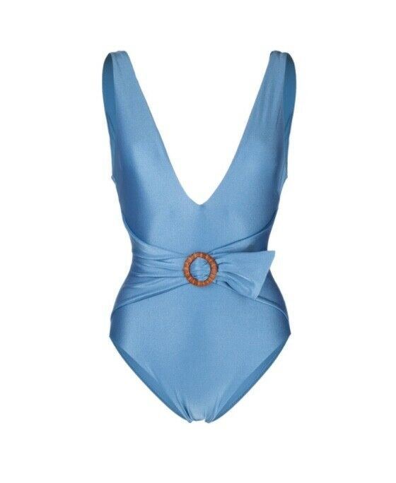 Zimmermann Riders Buckle Plunge One Piece Swimsuit | Low Neck, Dusty Blue