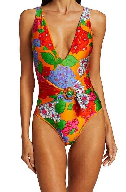Zimmermann Riders Buckle Plunge One Piece Swimsuit | Low Neck, Dusty Blue