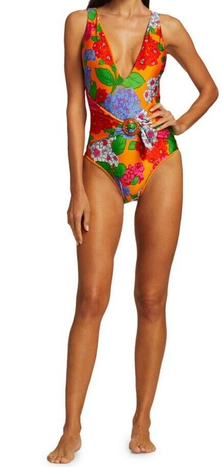 Zimmermann Riders Buckle Plunge One Piece Swimsuit | Low Neck, Dusty Blue