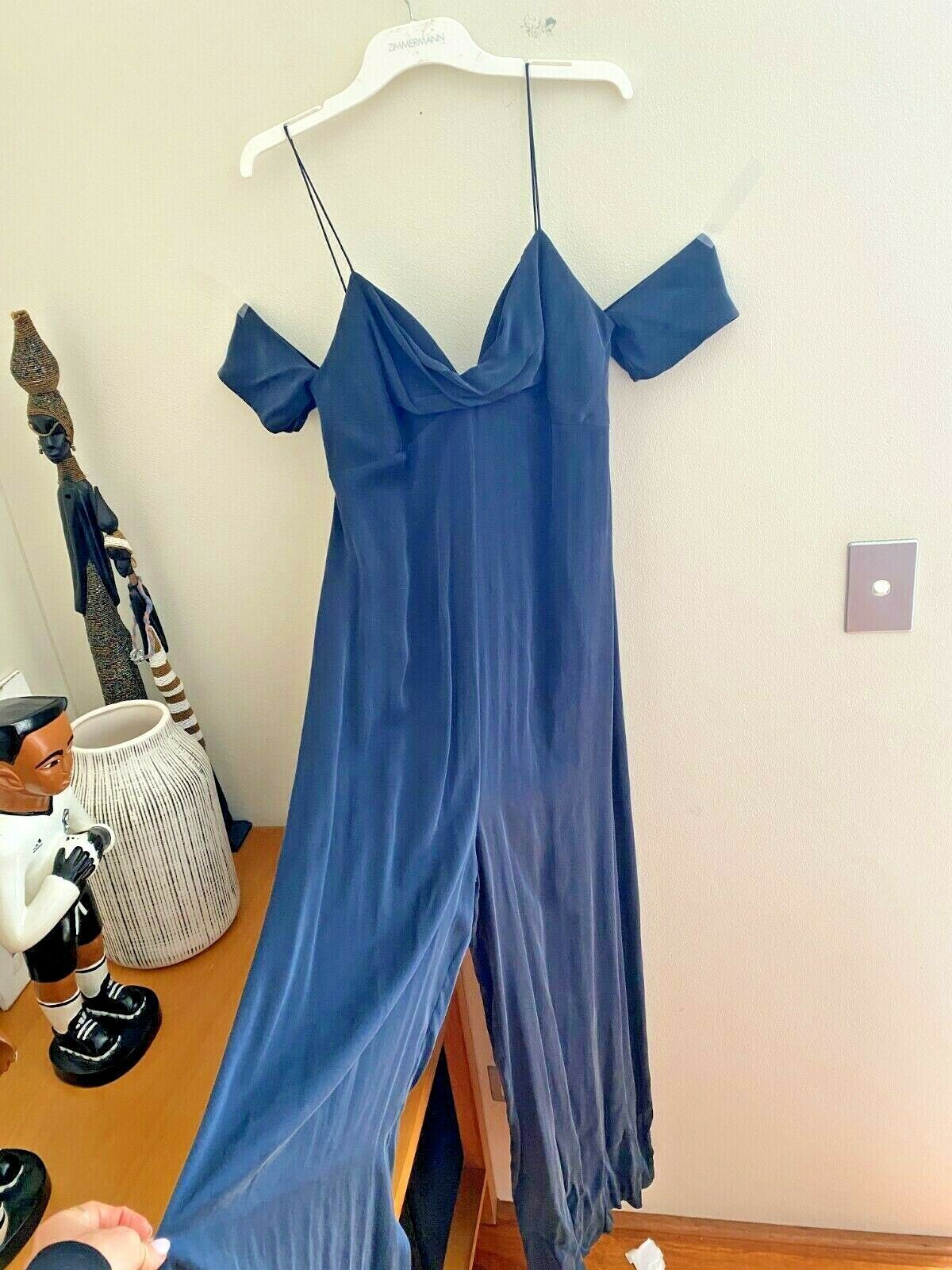Zimmermann Silk Drape Jumpsuit | Navy | Off Shoulder Sueded Silk, Cowl $600 RRP