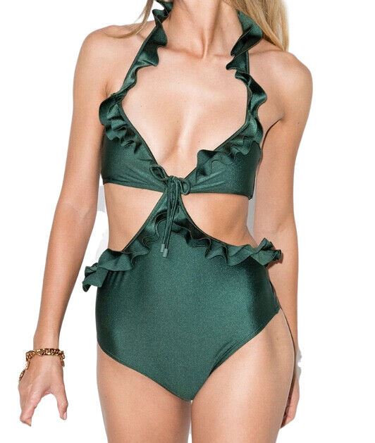 Zimmermann Estelle Ruffle Halter One Piece | Cutout, Green Liquorice, Ruffles