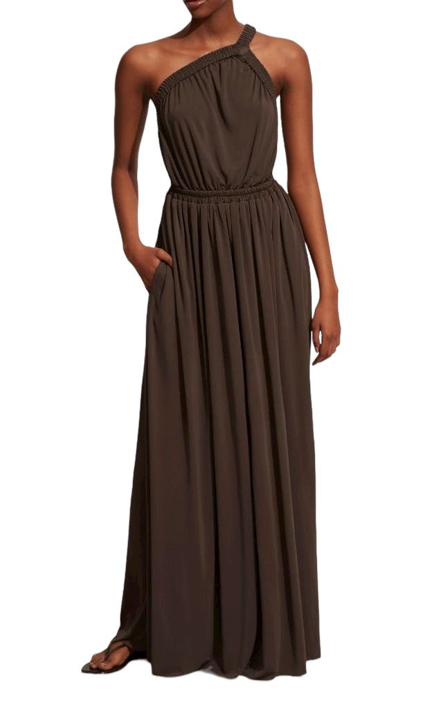 Matteau One Shoulder Dress | Clove, Maxi | Brown / Clove | Backless, Asymmetric