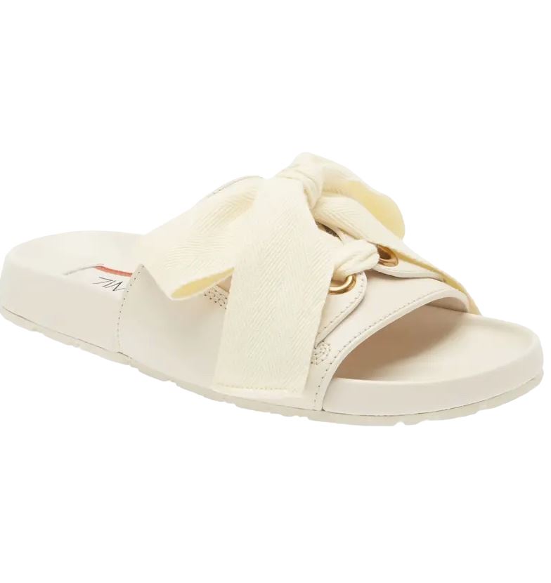 Zimmermann Bow Slides | Sandals, Ivory/White | Leather/Fabric, Gold Grommets