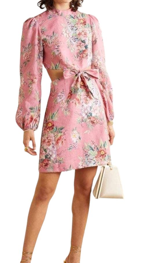 Zimmermann Bellitude Bow Front Dress | Pink Floral, Dolman Sleeves, Cut Out