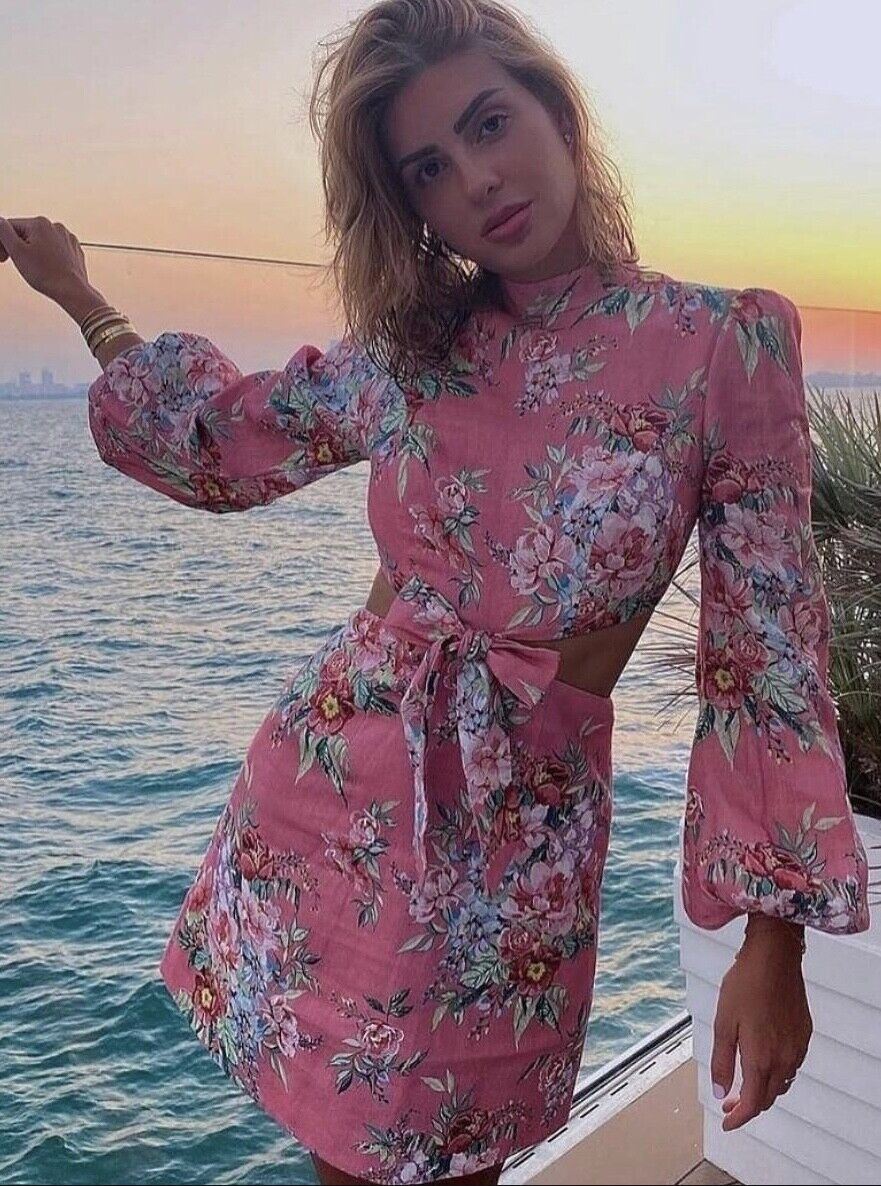 Zimmermann Bellitude Bow Front Dress | Pink Floral, Dolman Sleeves, Cut Out