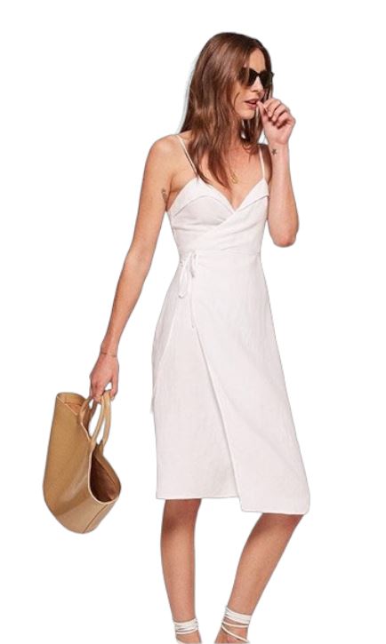 Reformation Wrap Midi Dress | Linen blend, White, Sz Large, Summer, Cocktail