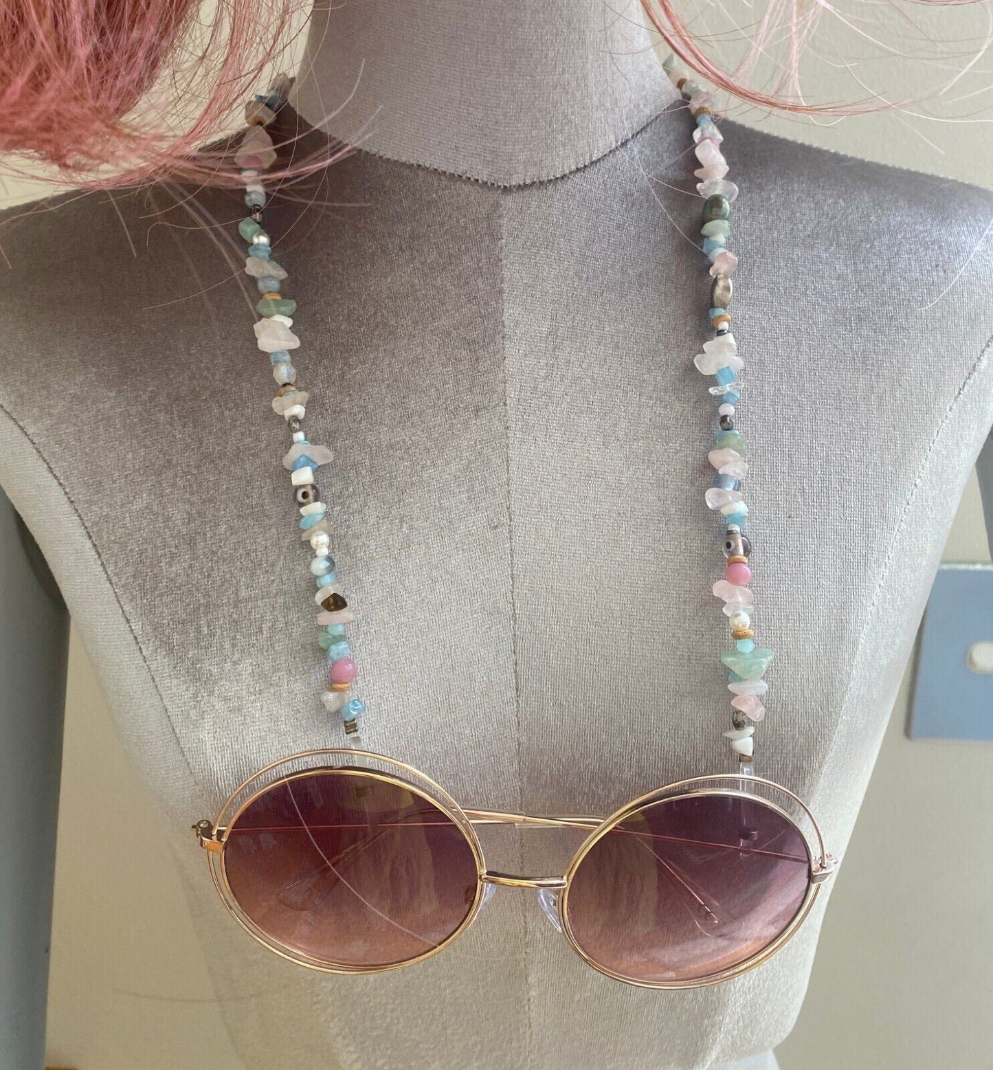 NAKED PEAR Semi Precious Stone Sunglasses / Glasses Chain, Holder, Blue Quartz