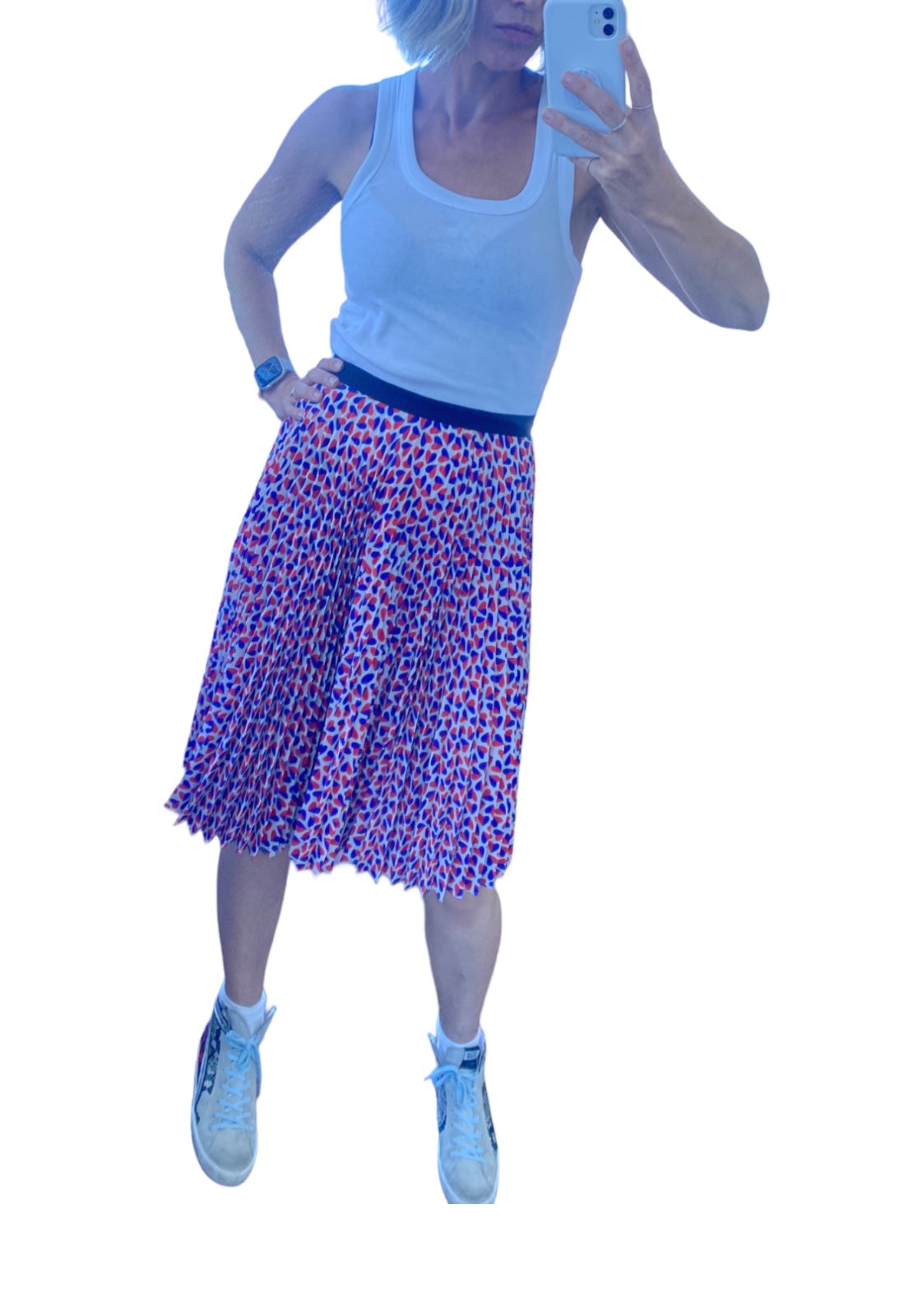 Paul Smith Pleated Midi Skirt | Size 40 / 8 AU, Heart Print, Red, Blue, White