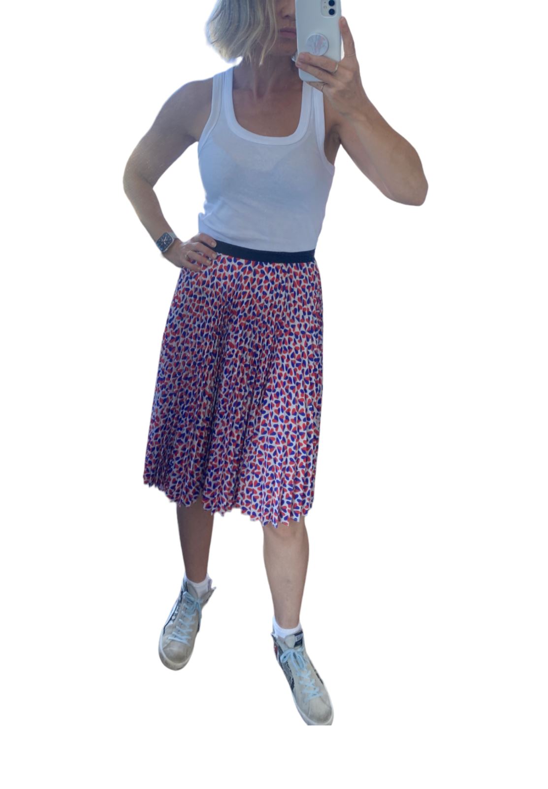 Paul Smith Pleated Midi Skirt | Size 40 / 8 AU, Heart Print, Red, Blue, White