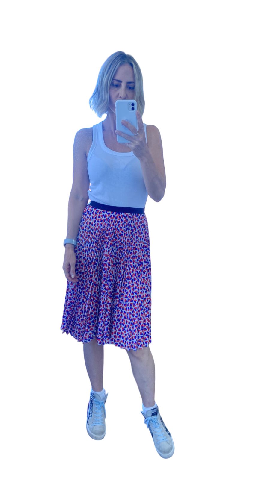 Paul Smith Pleated Midi Skirt | Size 40 / 8 AU, Heart Print, Red, Blue, White