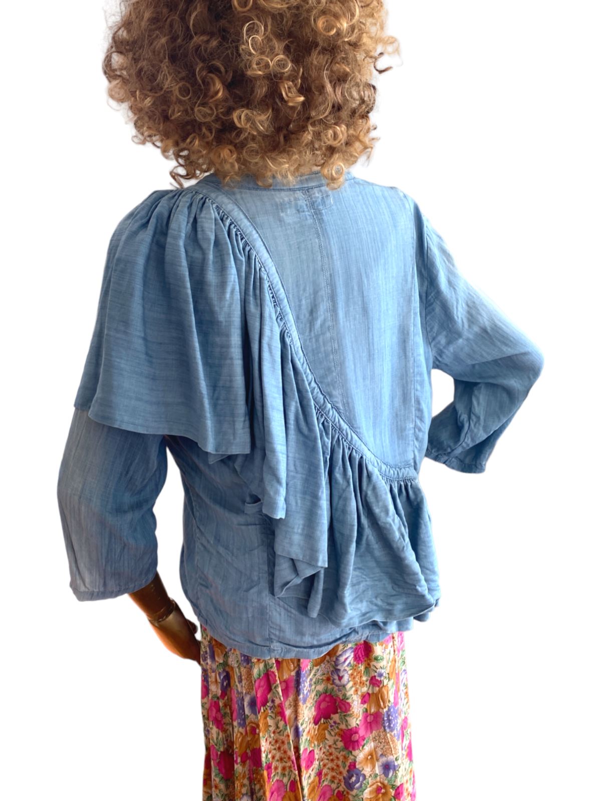 Sass & Bide Papa Sucre Denim Chambray Jacket | Big Back Frill, Blue, Size 38,