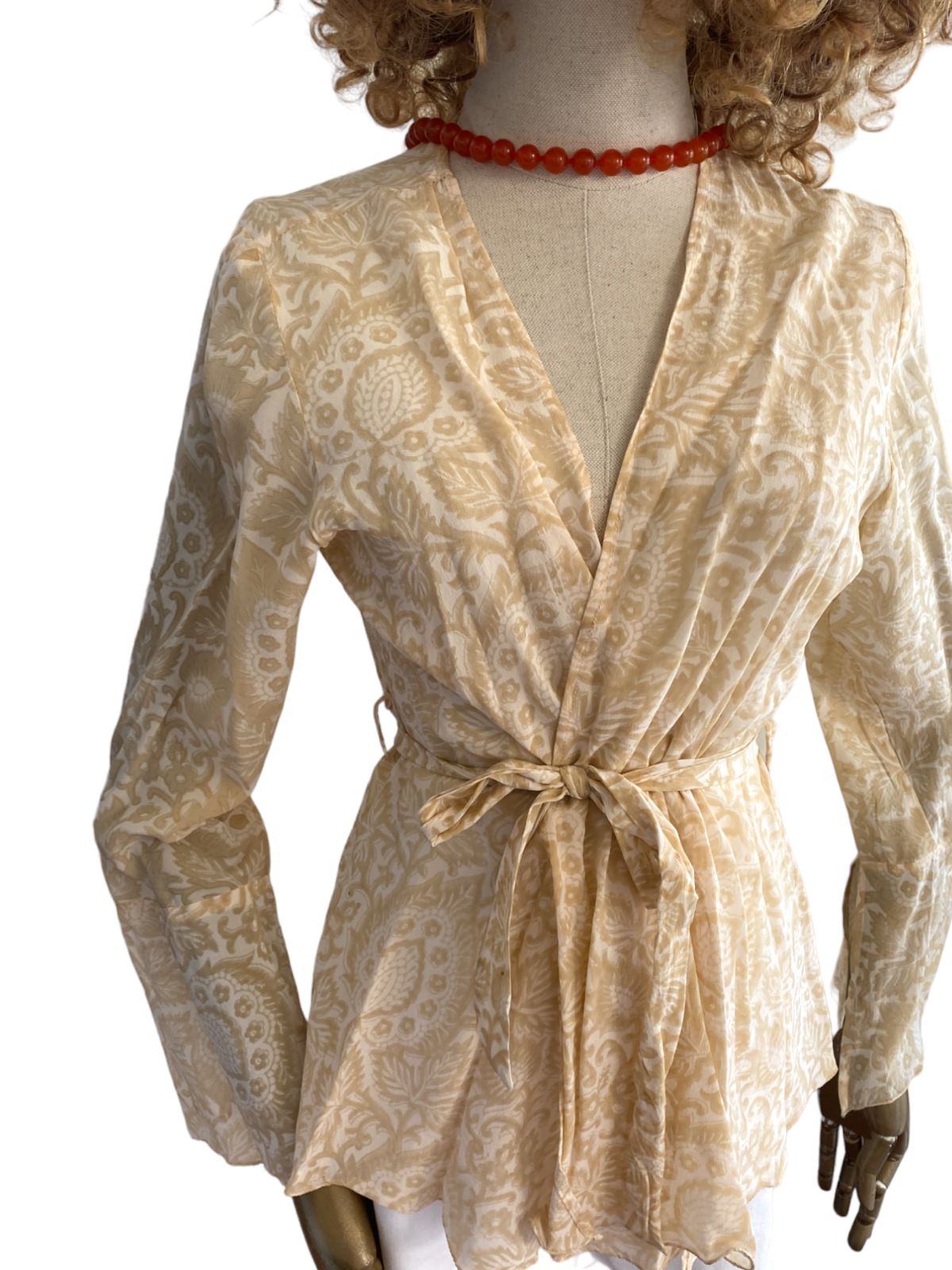 HANNAH ARTWEAR Silk Blouse / Hand Made, Paisley, Belted, Wrap, OS, Eco-Friendly