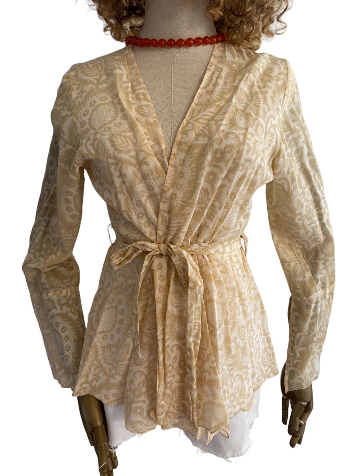 HANNAH ARTWEAR Silk Blouse / Hand Made, Paisley, Belted, Wrap, OS, Eco-Friendly