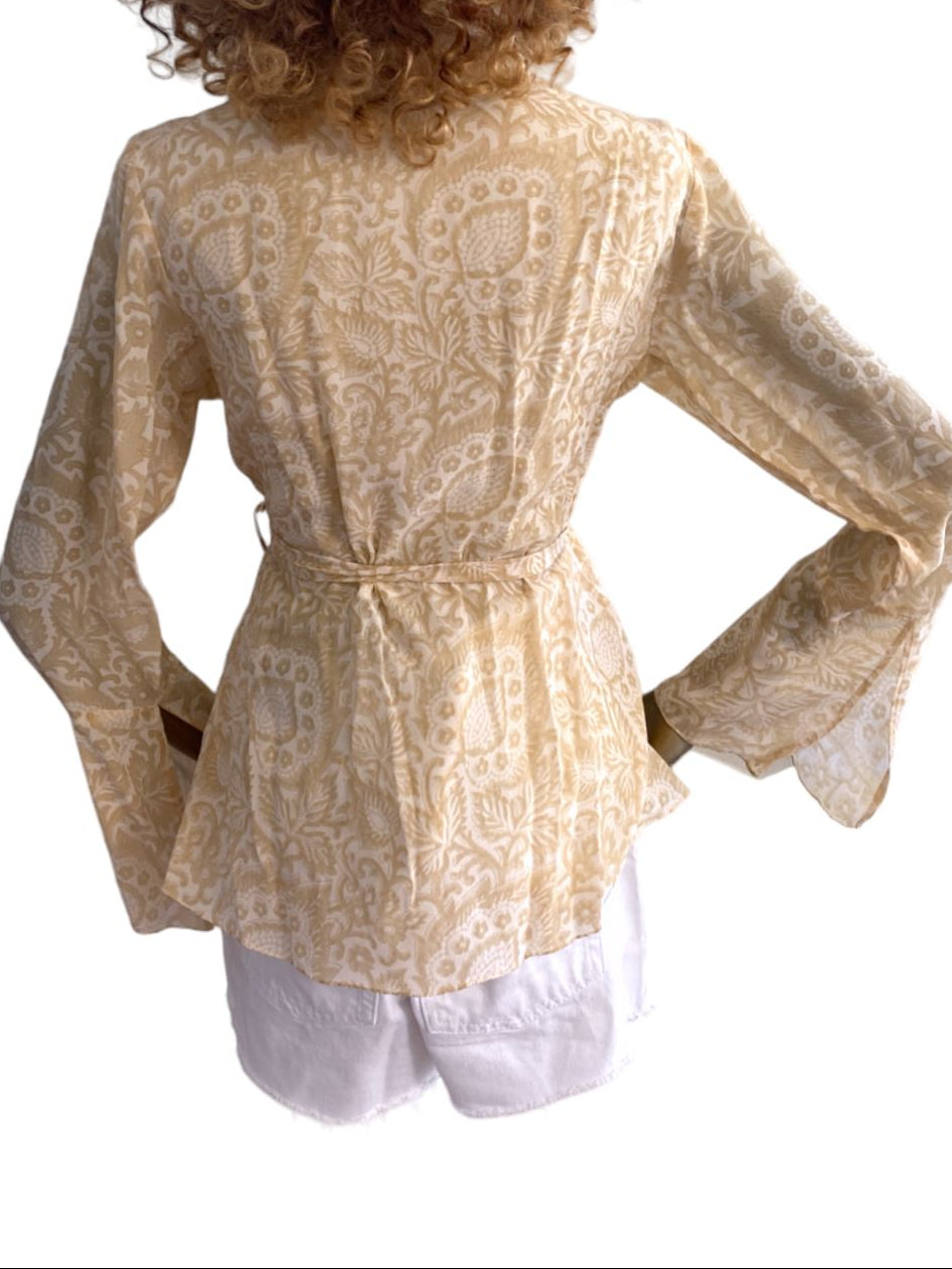 HANNAH ARTWEAR Silk Blouse / Hand Made, Paisley, Belted, Wrap, OS, Eco-Friendly