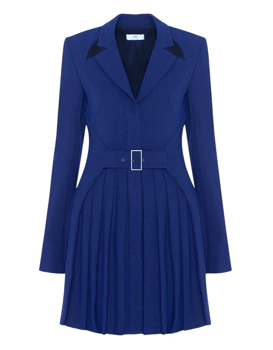 CUE Cut-Out Blazer Dress | Cobalt Blue, Jacket, Shoulder Pads, Pleated, Belted