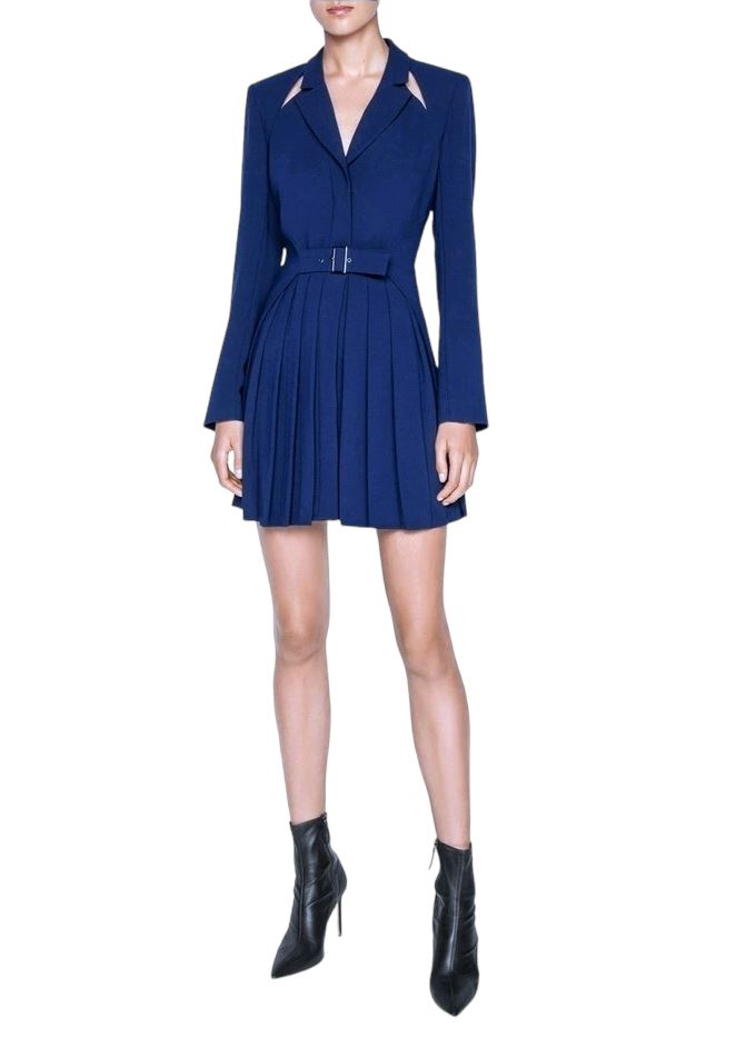 CUE Cut-Out Blazer Dress | Cobalt Blue, Jacket, Shoulder Pads, Pleated, Belted