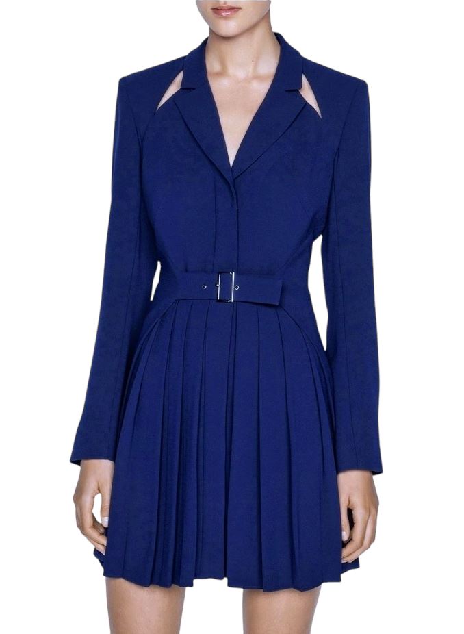 CUE Cut-Out Blazer Dress | Cobalt Blue, Jacket, Shoulder Pads, Pleated, Belted