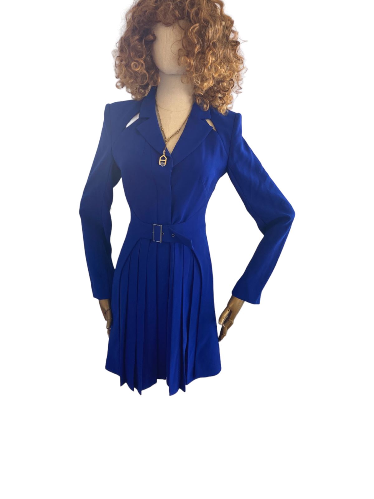 CUE Cut-Out Blazer Dress | Cobalt Blue, Jacket, Shoulder Pads, Pleated, Belted
