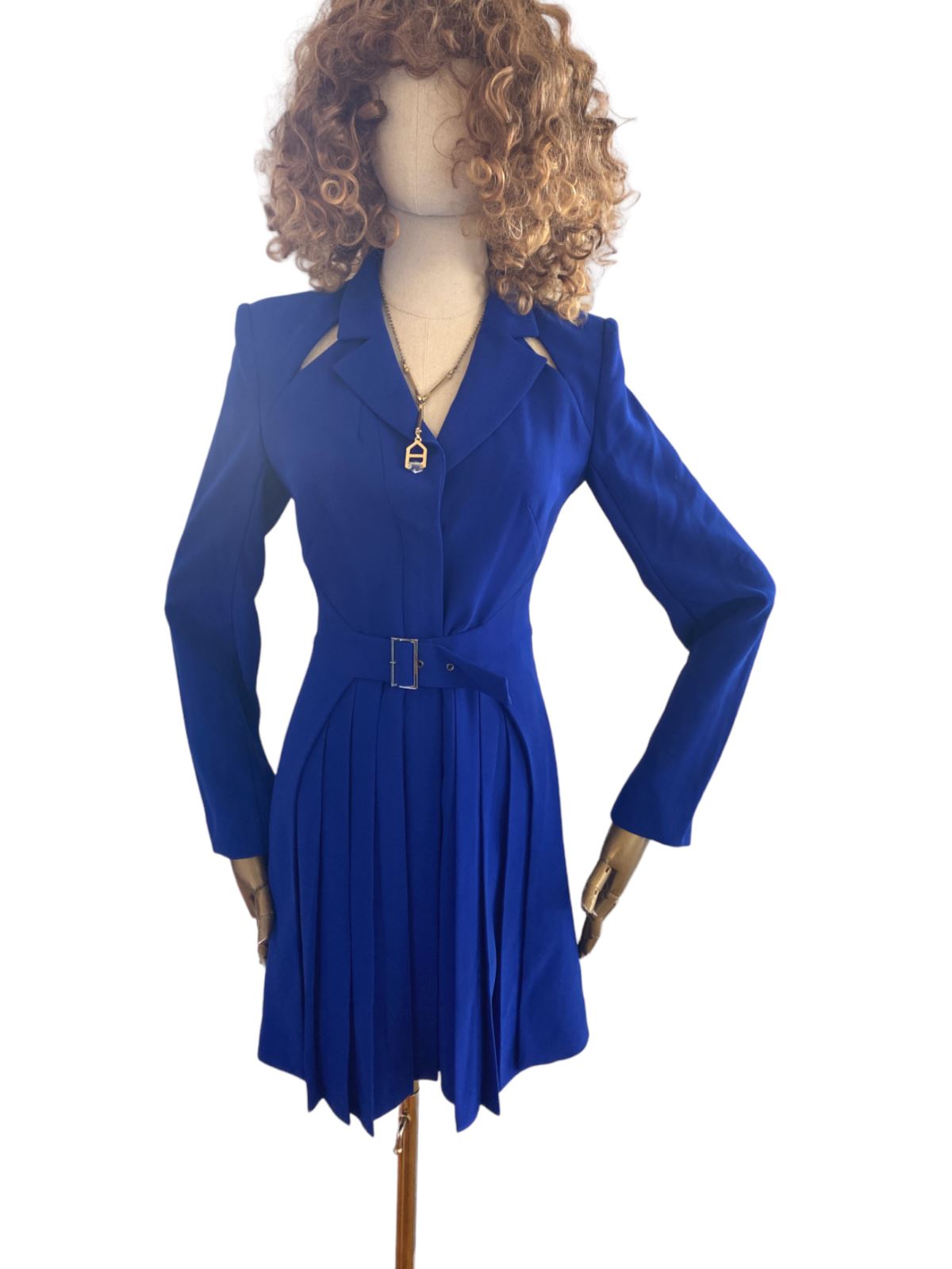 CUE Cut-Out Blazer Dress | Cobalt Blue, Jacket, Shoulder Pads, Pleated, Belted