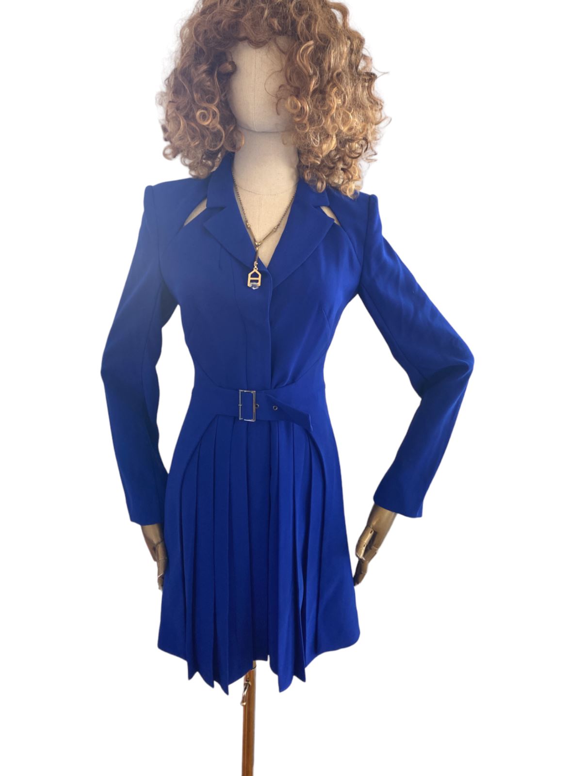 CUE Cut-Out Blazer Dress | Cobalt Blue, Jacket, Shoulder Pads,  Pleated, Belted