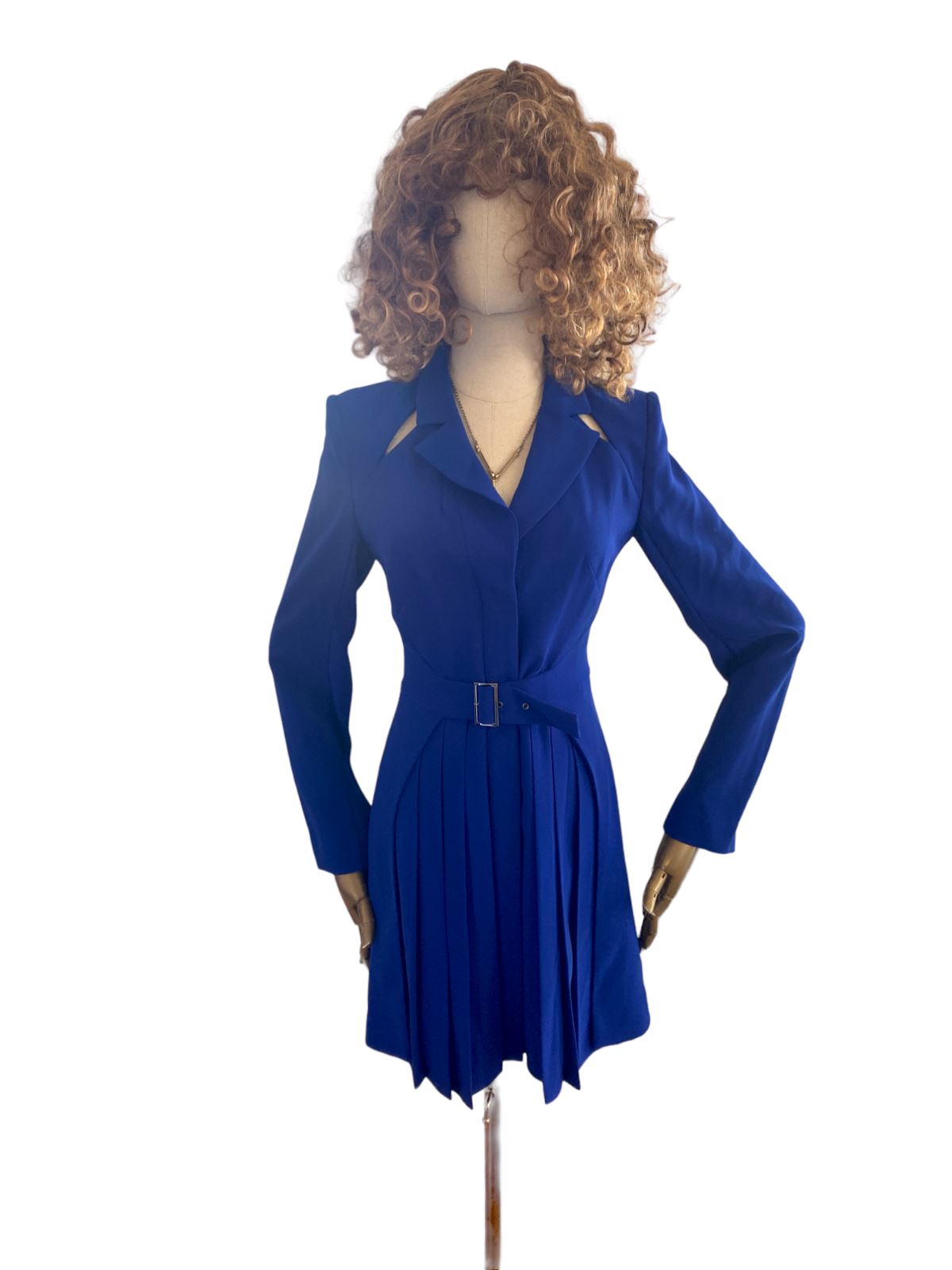 CUE Cut-Out Blazer Dress | Cobalt Blue, Jacket, Shoulder Pads, Pleated, Belted