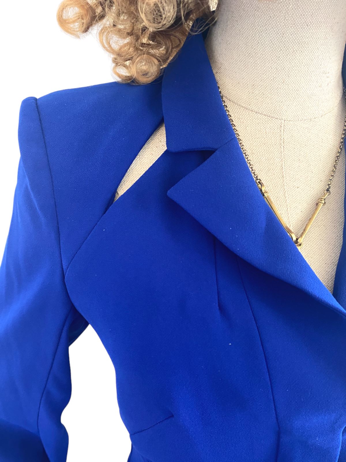 CUE Cut-Out Blazer Dress | Cobalt Blue, Jacket, Shoulder Pads, Pleated, Belted