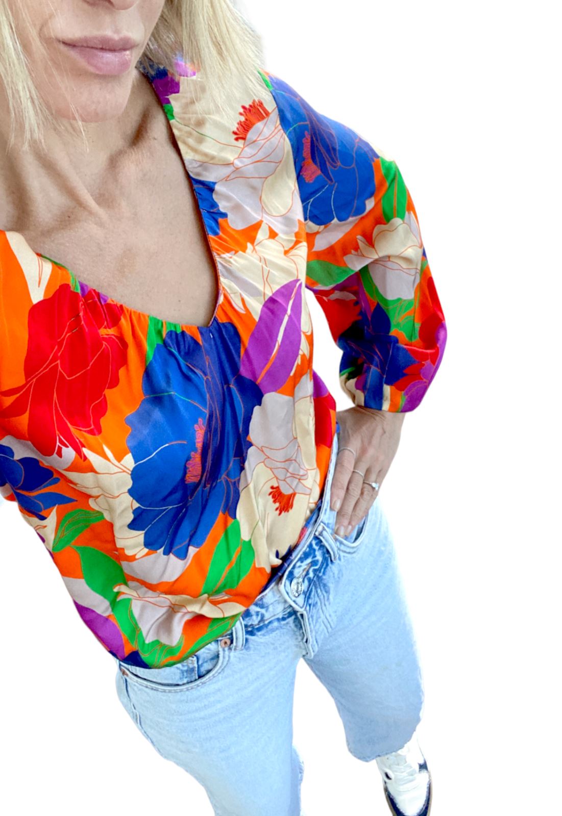 Veronika Maine Floral Blouse | Neon Peonies, V Neck, Ethical/Sustainable