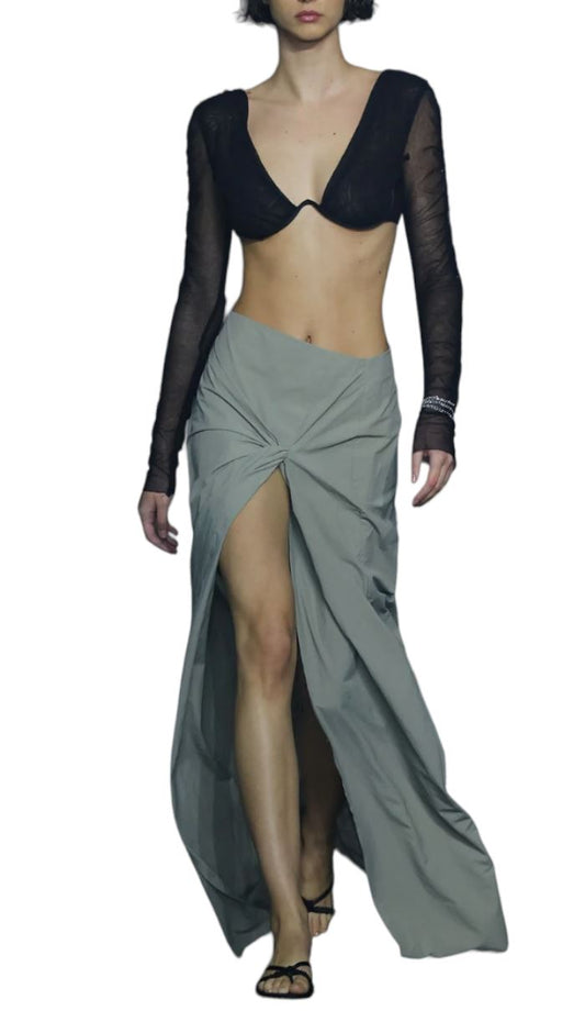 BEC + BRIDGE Adrianna Maxi Skirt | Sage/Khaki | Front Slit, Twist Detail