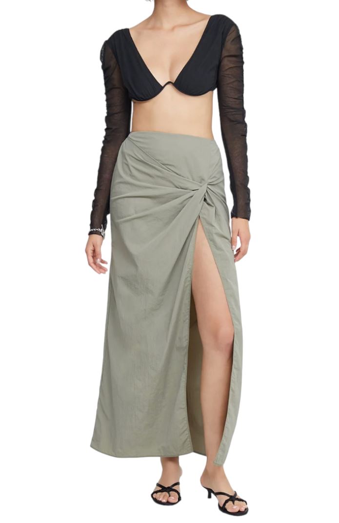 BEC + BRIDGE Adrianna Maxi Skirt | Sage/Khaki | Front Slit, Twist Detail