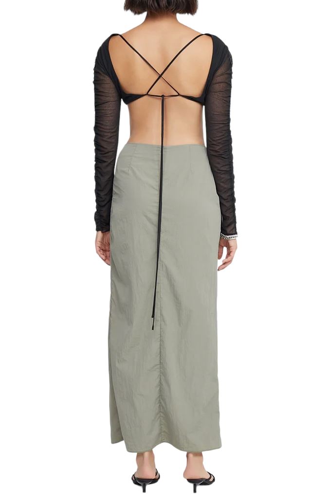 BEC + BRIDGE Adrianna Maxi Skirt | Sage/Khaki | Front Slit, Twist Detail