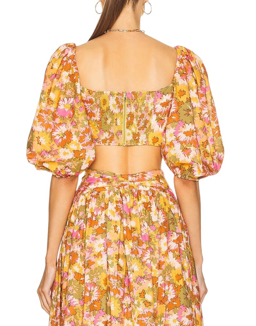 Zimmermann Violet Twist Front Bodice | Khaki Floral, Cropped, Puff Sleeves
