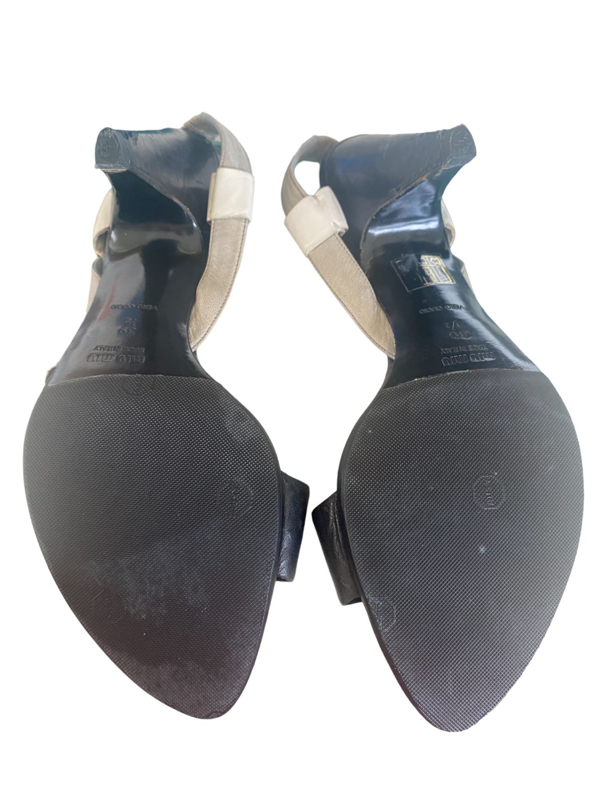 Miu Miu Leather Sandal Slingback Heels | Black, Grey, White, Sz 39.5