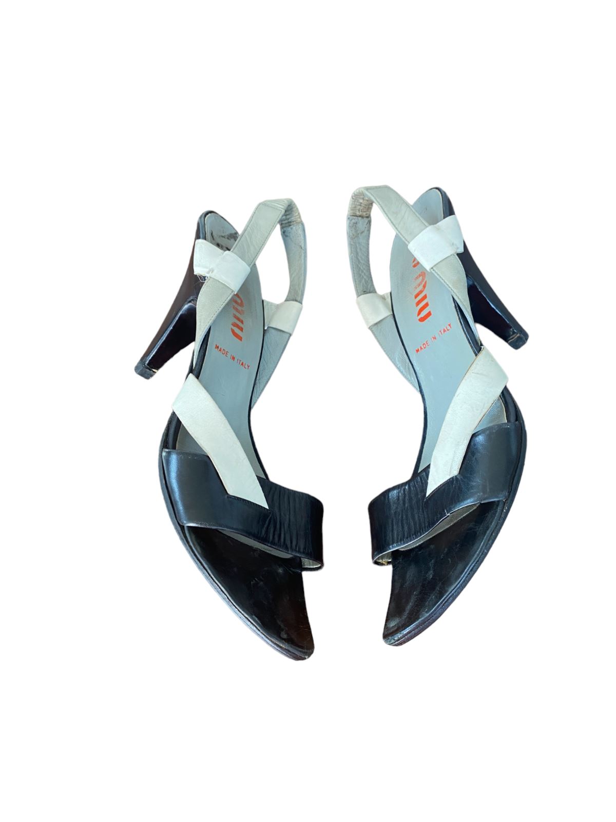 Miu Miu Leather Sandal Slingback Heels | Black, Grey, White, Sz 39.5